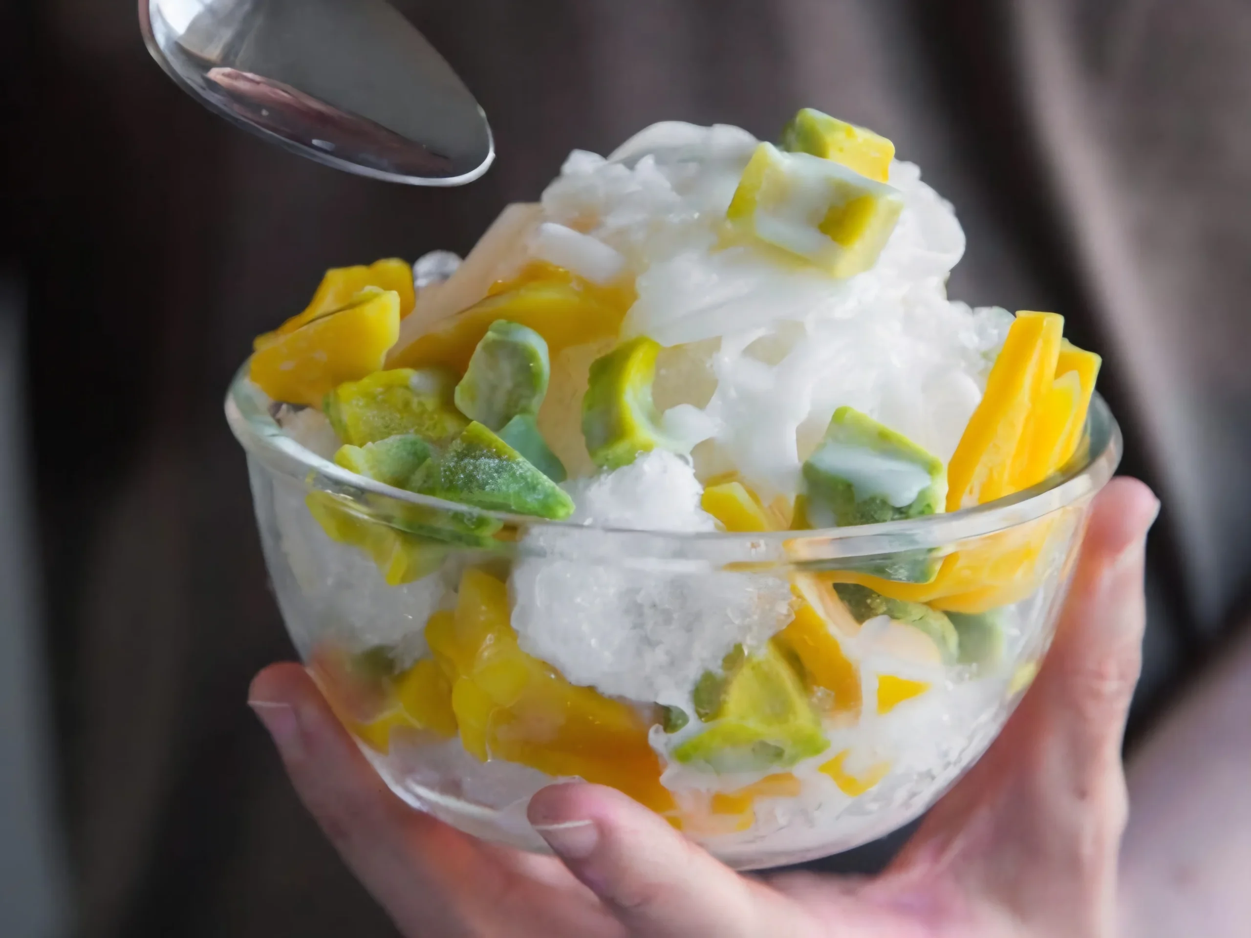 Perbandingan tekstur antara potongan buah asli dan jeli dalam mangkuk es teler.