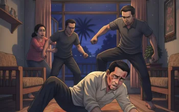 Ilustrasi pengeroyokan seorang pria di dalam rumah oleh beberapa orang dengan latar belakang konflik media sosial.