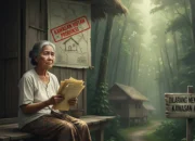 Seorang nenek duduk di teras rumah kayu sambil memegang dokumen, di latar belakang terdapat hutan lebat dan papan peringatan kawasan hutan.