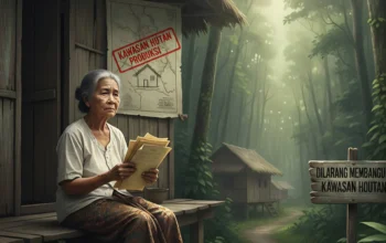 Seorang nenek duduk di teras rumah kayu sambil memegang dokumen, di latar belakang terdapat hutan lebat dan papan peringatan kawasan hutan.