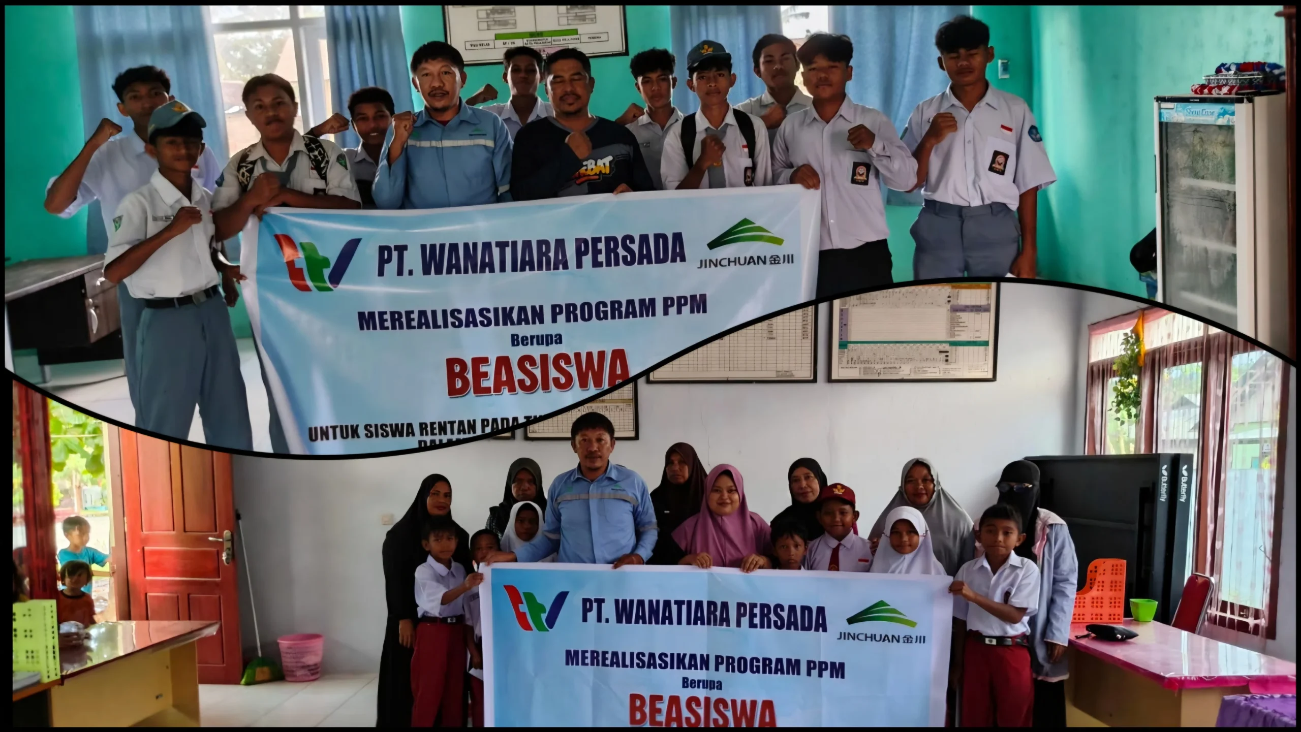 Penyerahan beasiswa tunai PT Wanatiara Persada kepada siswa di Pulau Obi Halmahera Selatan disaksikan Kepala Sekolah masing-masing